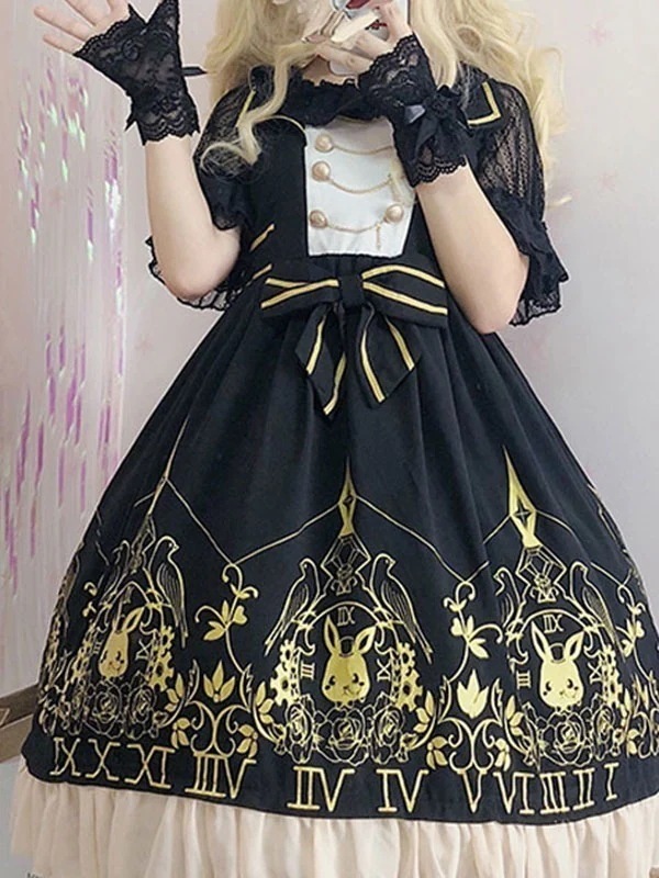 【全店任意2枚購入で100円OFF】甘いロリータJSKドレス時計バニーホットスタンピング弓黒ロリータジャンパースカート