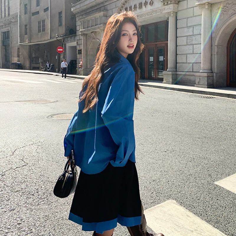 2024 ニュークラインブルースーパーホワイトシャツパッチワークハーフスカートセット