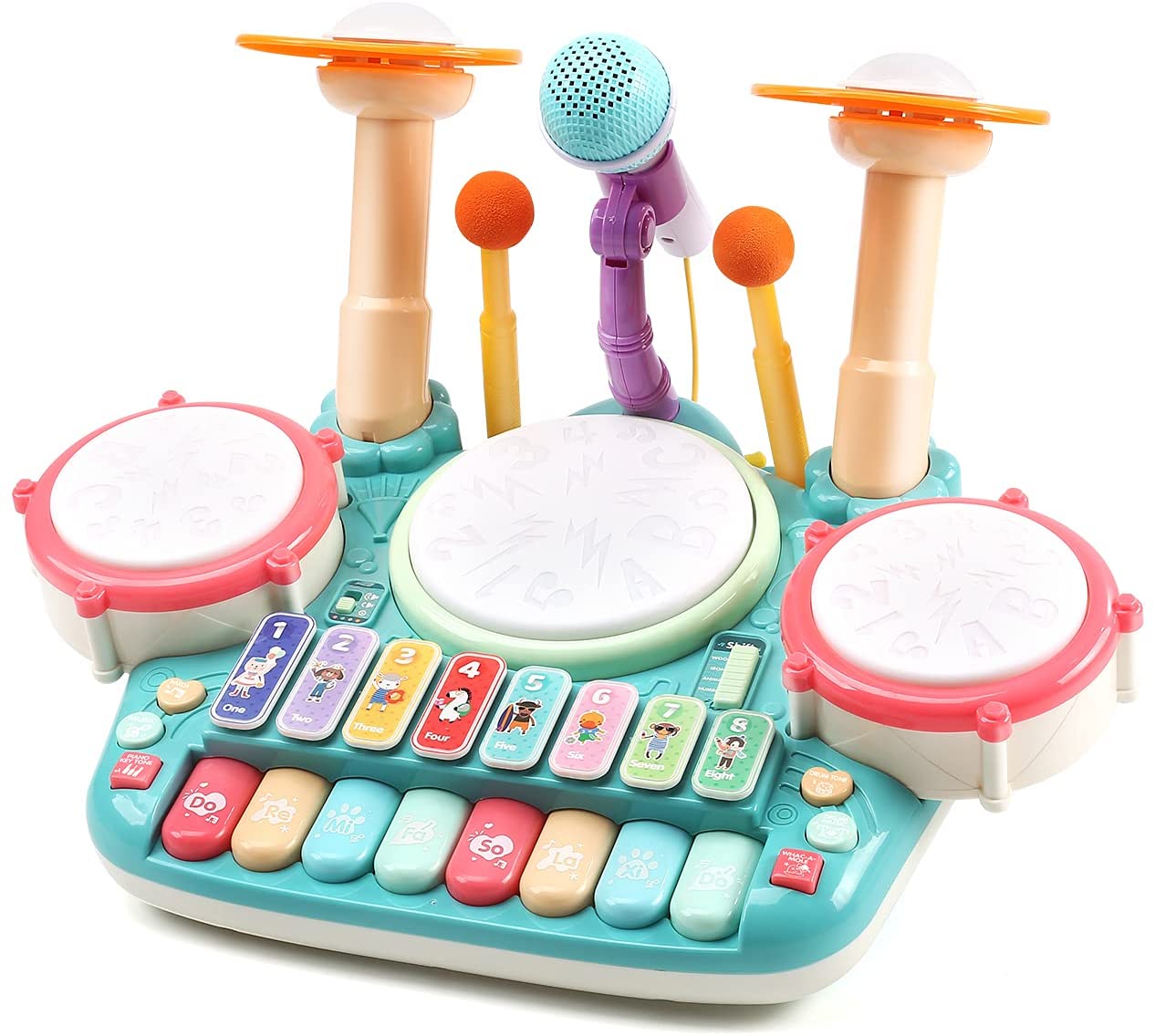 【急速出荷!】大人気 5in1楽器玩具 音楽おもちゃ ドラムおもちゃ ピアノキーボード ドラム 木琴 マイク2個付き ドウムギター 多機能 音楽&ライト 早期開発 知育玩具 男の子 女の子 電子 太鼓