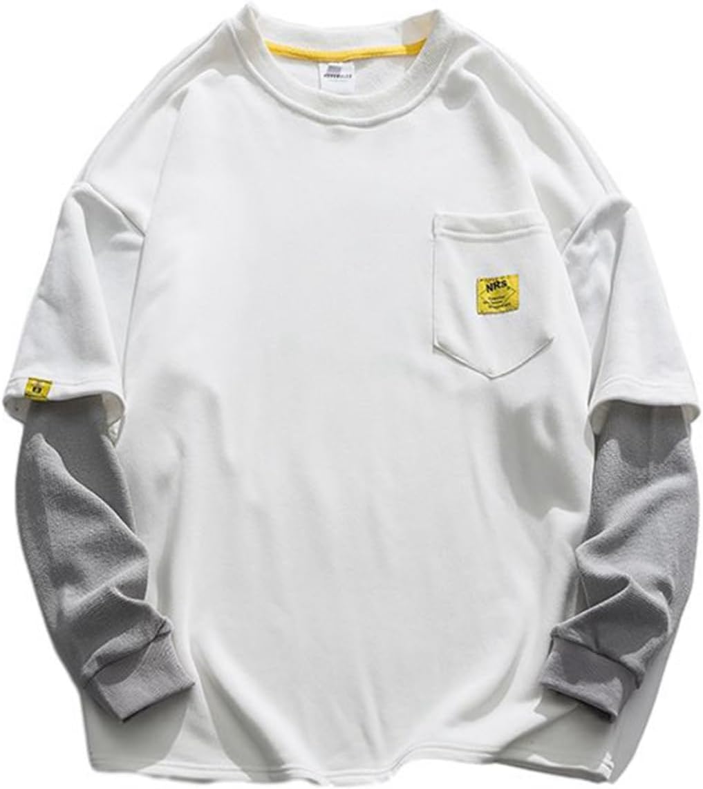 フルオーバー 長袖 トレーナー メンズ レイヤード パーカー ポケット付き スウェット 丸首 無地 切り替え Tシャツ 春服 秋服 吸汗通気 ソフト コンフォート 薄い おしゃれ 韓国 きれい 外履き