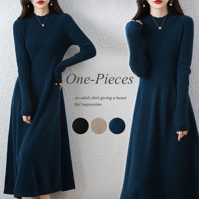イン 秋冬ワンピース 長袖ワンピース ロングニット ミモレ丈ワンピース ミモレ丈 ロングニット ロングワンピース 秋冬 長袖 Aライン aラインワンピース プチハイネック レディース ニットワンピース
