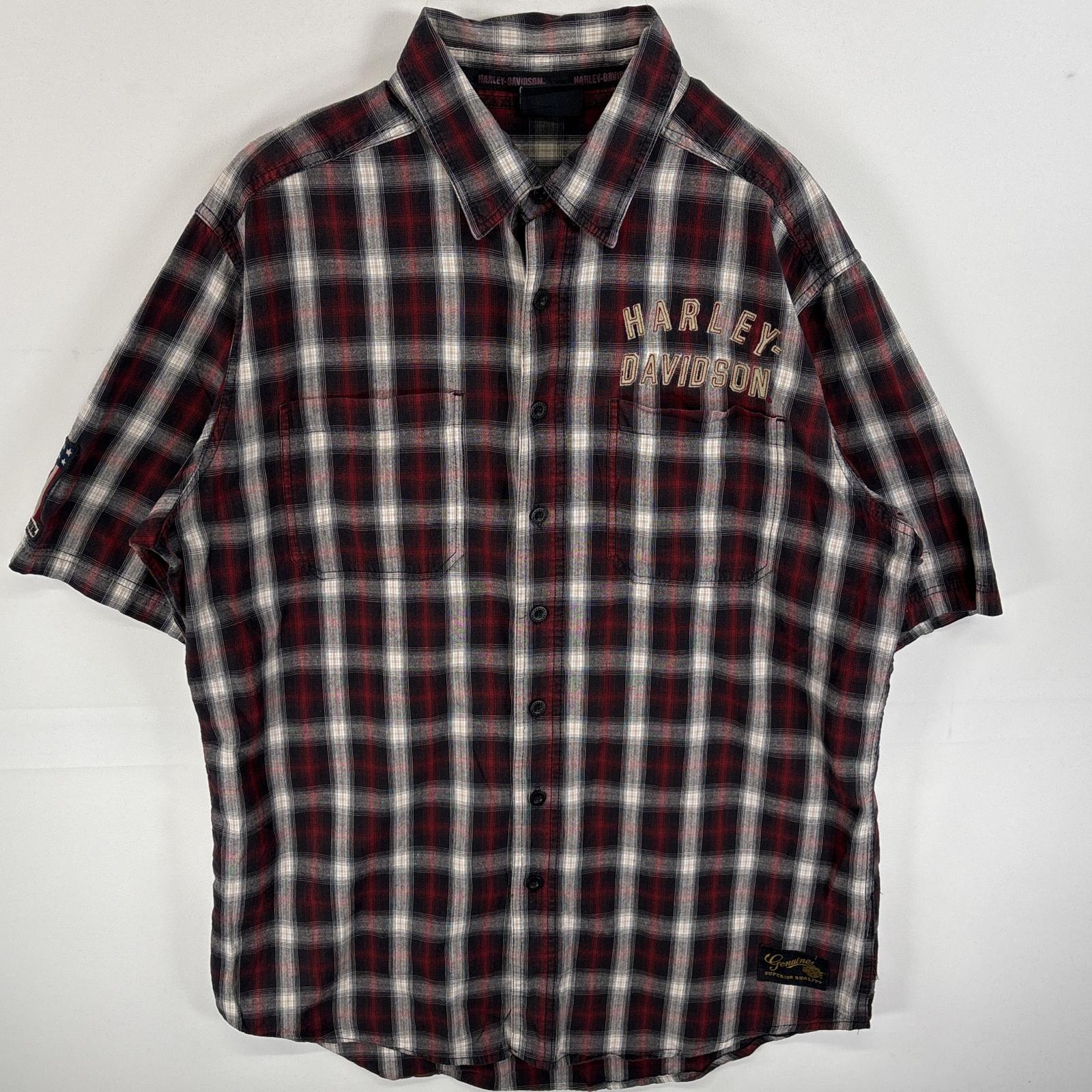 古着 半袖シャツ ボタンシャツ ワンポイント ロゴ 胸ポケ レッド系 チェック メンズ