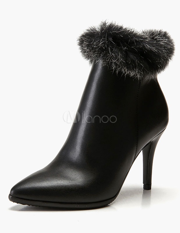 ハイヒールフェイクファーポインテッドトゥのブーツ