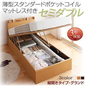 国産 跳ね上げ収納ベッド [Freeda]フリーダ [薄型スタンダードポケットコイルマットレス付き] 縦開き セミダブル 深さグランド [フレーム色]ホワイト