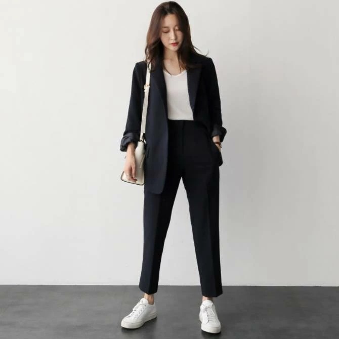 限定モデルセットアップ パンツ スーツ かっこいい レディース 上下セット 黒 無地 カジュアル ラフ 大人可愛い きれいめ シンプル ママ 長袖 ジャケット 上着 春 秋 アンクル丈 スリムパンツ