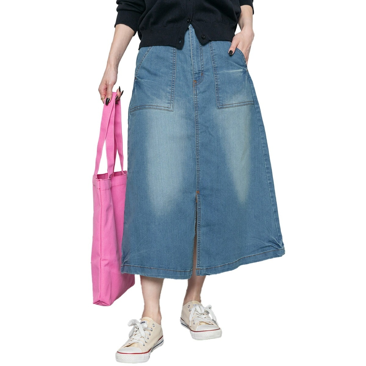 スカート デニム ロング レディース ベイカースカート ストレッチ Aライン 大きいサイズ M L LL 3L 4L デニムスカート ロングスカート ボトムス 楽ちん 体型カバー 着痩せ 細見え おし