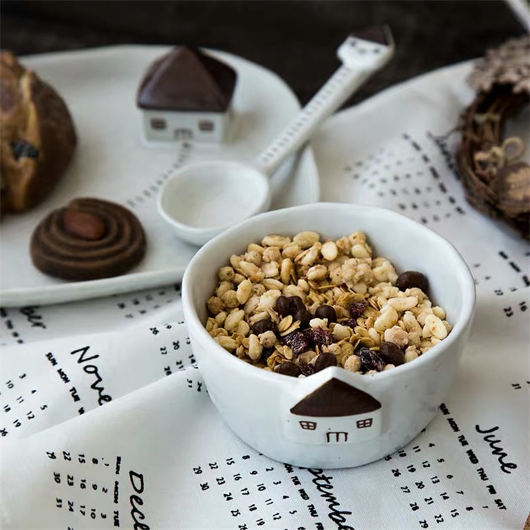 INSスタイル 電子レンジ対応 朝ごはん一人分セット 陶器のオーツボウル+サラダプレート+スプーン3点組