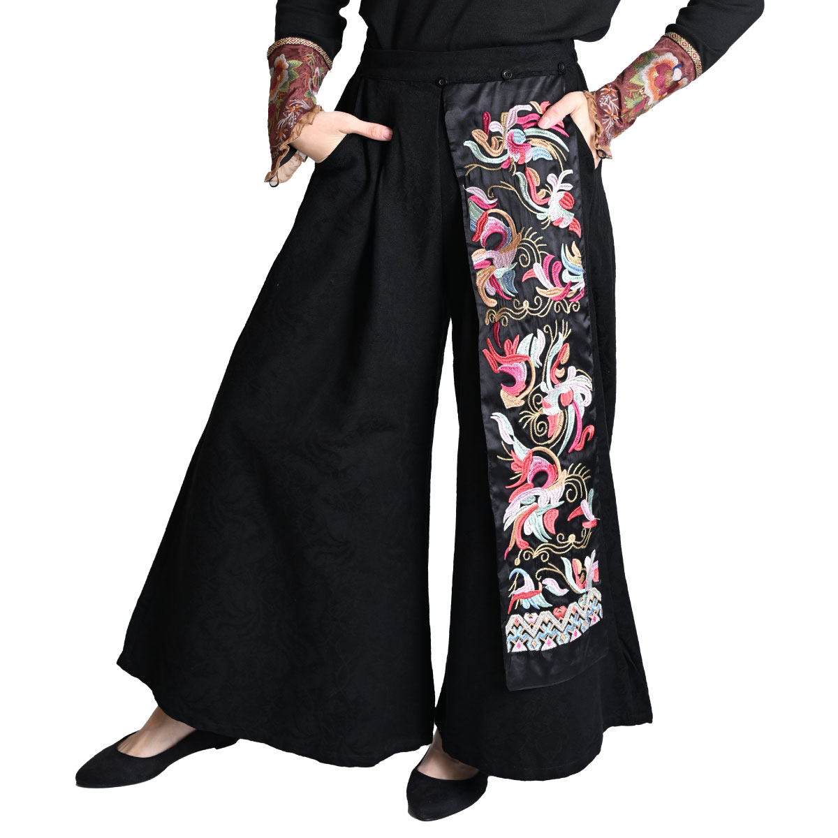 ワイドパンツ レディース 秋 冬 きれいめ ジャガード 柄 総柄 刺繍 ガウチョパンツ フレアパンツ ガウチョ パンツ ワイド ジャガードパンツ ロング ボトムス ウエストゴム 大きいサイズ 個性的
