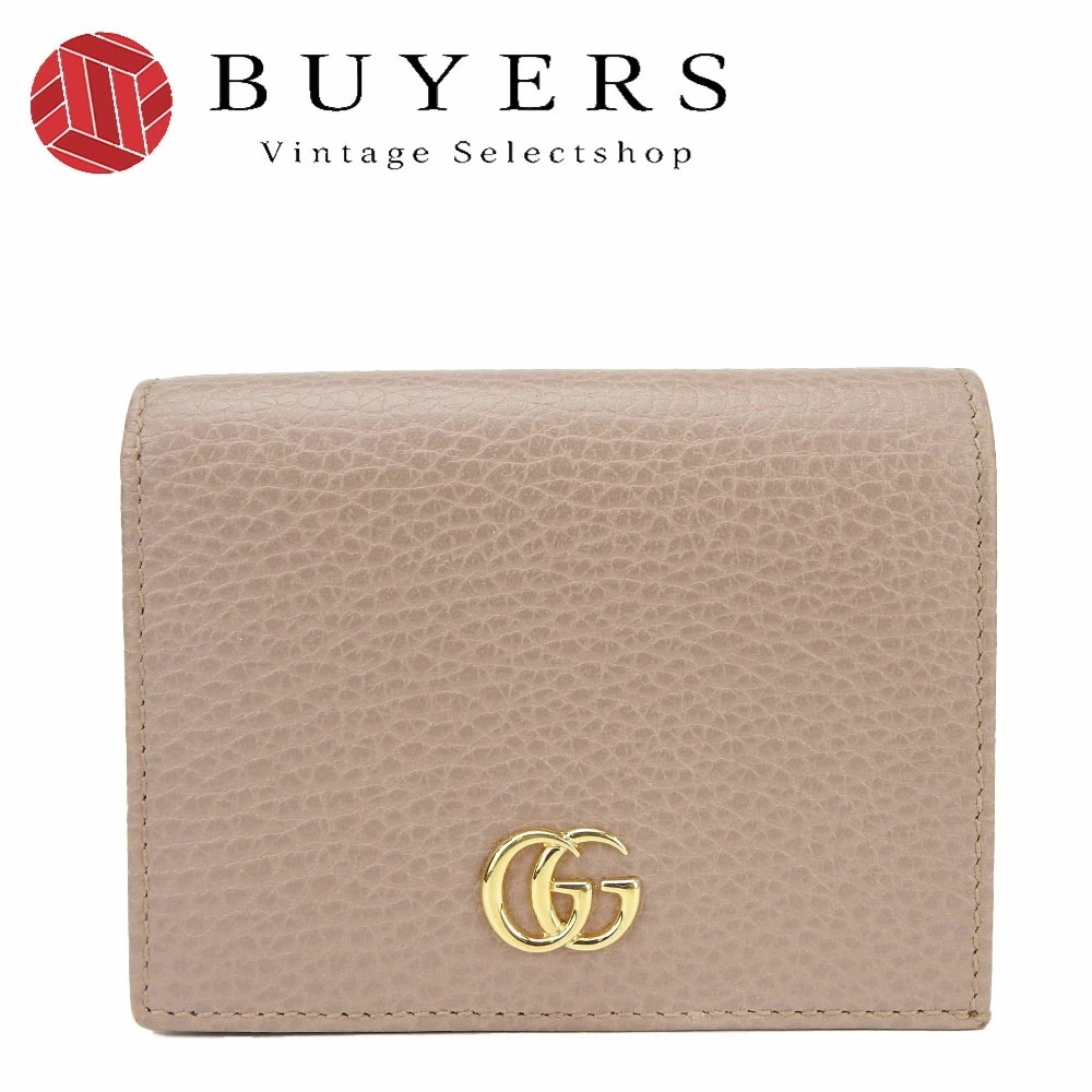 中古 美品 グッチ 二つ折り財布 コンパクトウォレット 456126 GG マーモント ベージュ ゴールド金具 普段使い 小物 レディース 女性 GUCCI Wallet Leather bei