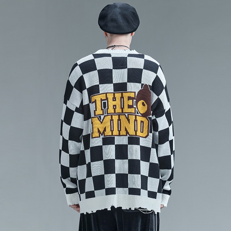黒と白のチェック柄カーディガンセーターメンズトレンディなブランド学生ヒップホップ刺繍穴セータージャケットルーズ