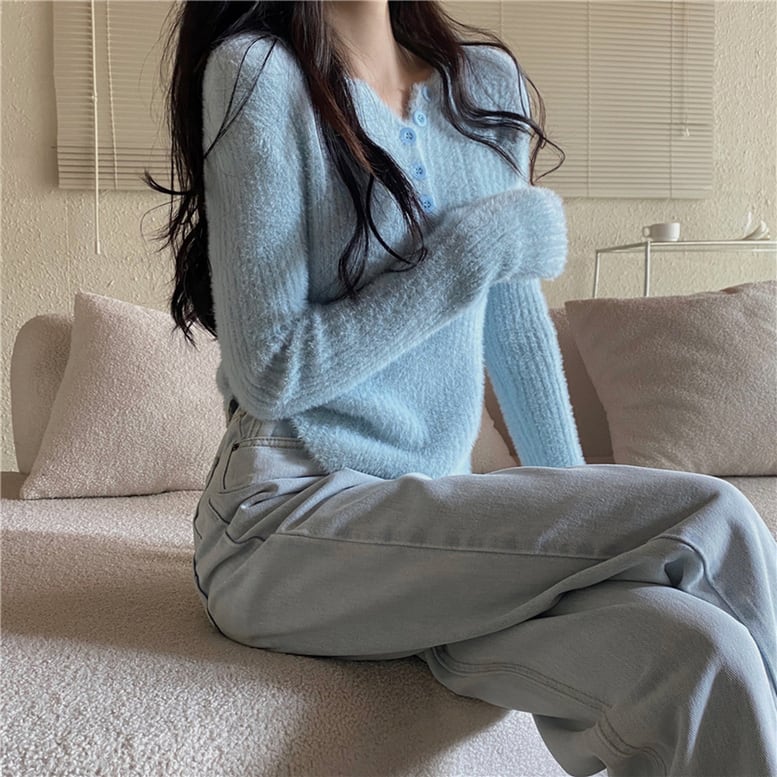 5color レディース モヘアリブニット ロングスリーブニット モヘアタッチキーネックリブニット