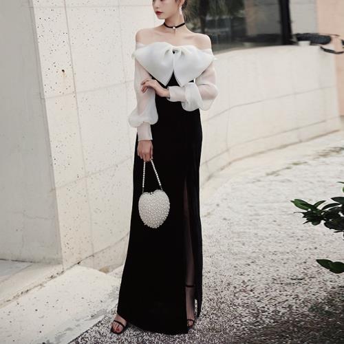 パーティードレス韓国イブニングドレスロングドレスドレスワンピlースレディース大人ロング白黒長袖袖ありお呼ばれ着痩せ大きいサイズフォーマル結婚式二次会成人式パーティー可愛いオルチャン披露宴シースルーホワ