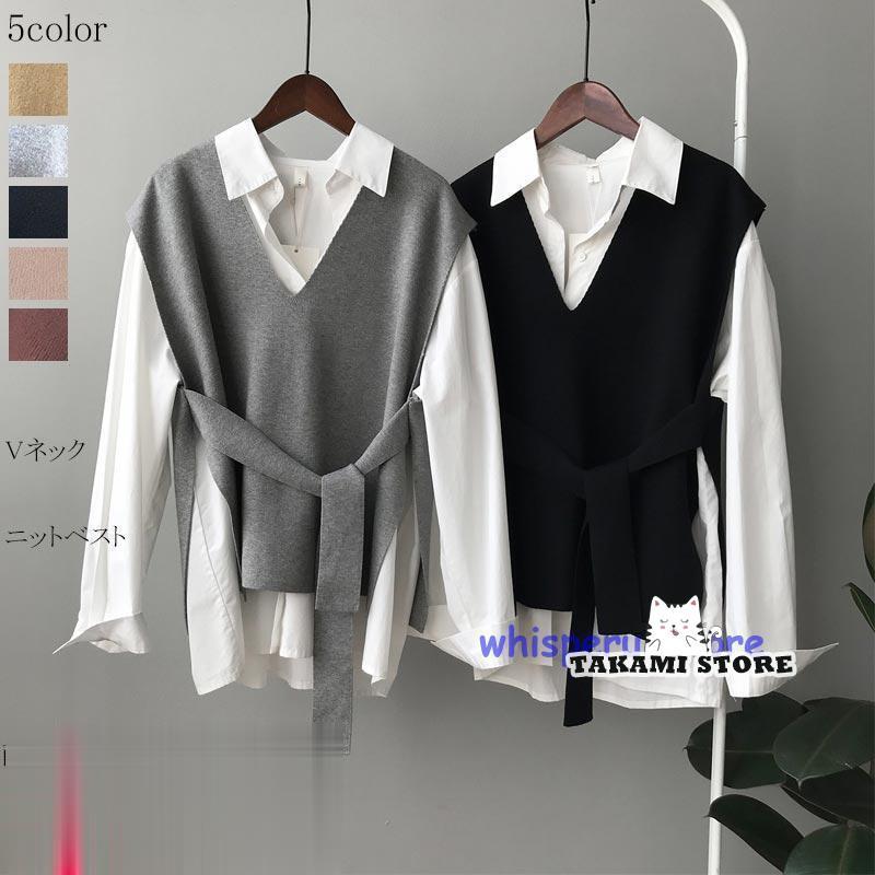 新品 【 迅速な出荷 】ニットベスト ベスト Vネック ベルト付き【girl shop】