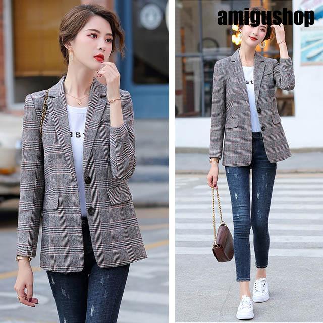 ジャケット レディース 大きいサイズ 春 秋 テーラードジャケット チェック柄 細身 着痩せ 韓国風ジャケット グレー ブラウン オシャレ アウター 30代40代
