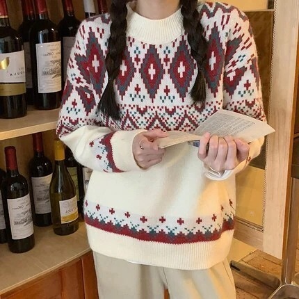 学生風 個性的 トップス ニットソー セーター 長袖 Uネック ラウンドネック かわいい 大人可愛い きれいめ カジュアル おしゃれ レトロ アジアン こなれ感 ラフ 主役級 柄 フラワー 秋 冬