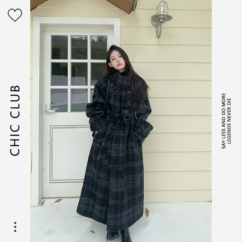 今年人気の韓国レトロチェック柄ストラップ厚手ウールコート秋冬高級ウールコート