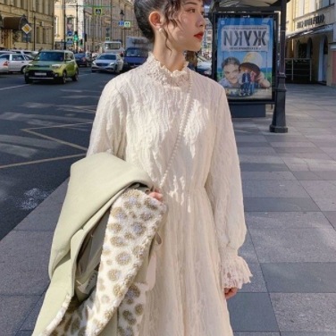 ロングドレス ワンピース 長袖 ハイネック レース フリル かわいい 大人可愛い 上品 おしゃれ