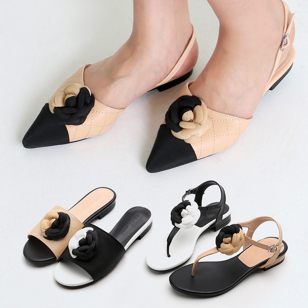 VEGA STORY コサージュスリングバックサンダルミュールスリッパ3つのデザイン 高級韓国スタイル