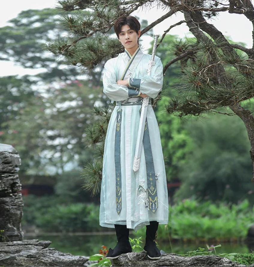 チャイナ服 華流 ハロウィン コスプレ衣装 メンズ おしゃれグラデーション 中華服 上下セット 交差 袴風 中華衣裳 中国古代服装 中国時代劇コスム 刺繍 男性 漢服 カンフー コスプレ 学園祭