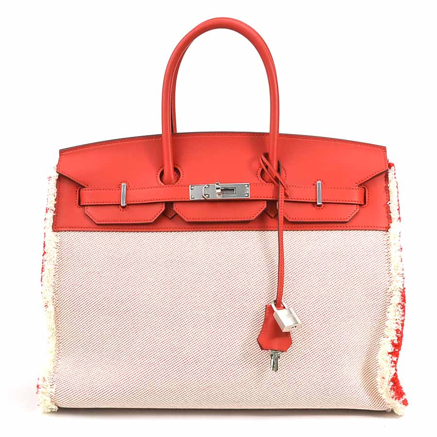 エルメス HERMES ハンドバッグ バーキン フレイフレイ35 ヴォースイフト/ツイルアッシュ ルージュクー シルバー レディース a0101