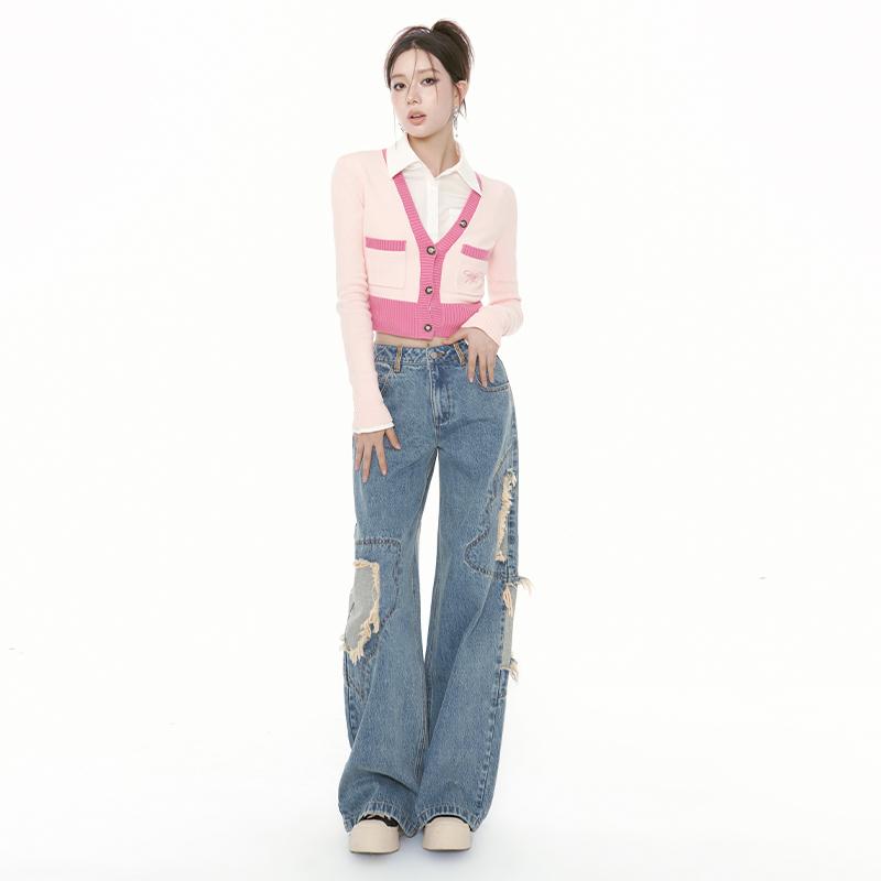 デニムパンツ レディース ダメージ ジーンズ クラッシュ ボトムス 秋冬 パンツ レトロ ストレート ワイド ブルー ブラック