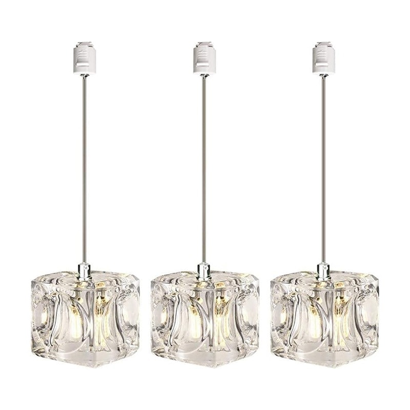 【7cmx7cm ダクトレール式 コード長さ70cm】ペンダントライト 氷塊 クリア ガラスキューブ 3灯 G4電球LED対応 天井照明 ランプシェード インテリア 電球付き