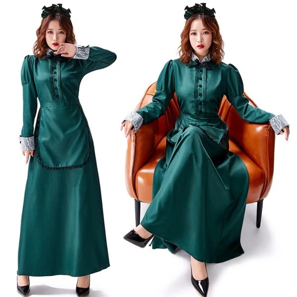 ２点で11o円OFF！【本日限定】宮廷装 変装 制服 レース付き ロング丈 メイド ハロウイン衣装 魔女 レディース ロング メイド服