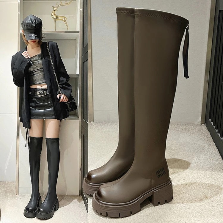 秋冬新型大人気 ブーツ ロングブーツ 厚底ブーツ 膝を越えた女性2024年冬の新型英倫風高筒騎士靴高くなった防水台/レディース ブーツ 美脚 疲れない 痛くない 走れるブーツ