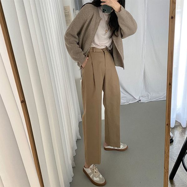 ニアスパンピンタックコットンワイドパンツ綿ズボン
