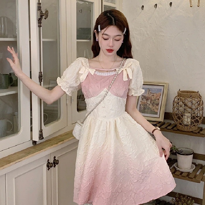 新作 百掛け ティーブレイクドレス 着痩せ ピンク ロリータドレス 蝶結び ワンピース グラーデション 春夏