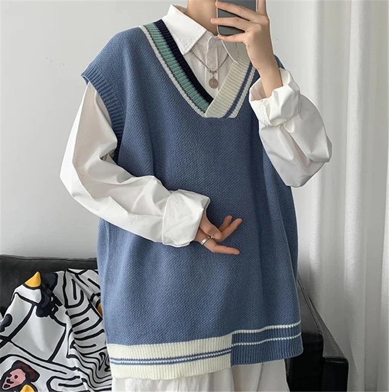 ニットベスト メンズ Vネック スクールベスト フォマール カットソー ノースリーブ トップス 配色切替 秋 カジュアル シンプル 重ね着 学生 通学