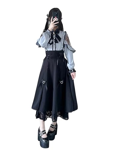 [Rowaica] 地雷系 服 セットアップ レディース オープンショルダー 量産型 参戦服 ガーリー系 ブラウス ロングスカート リボン (JP, アルファベット, L, ブルー)
