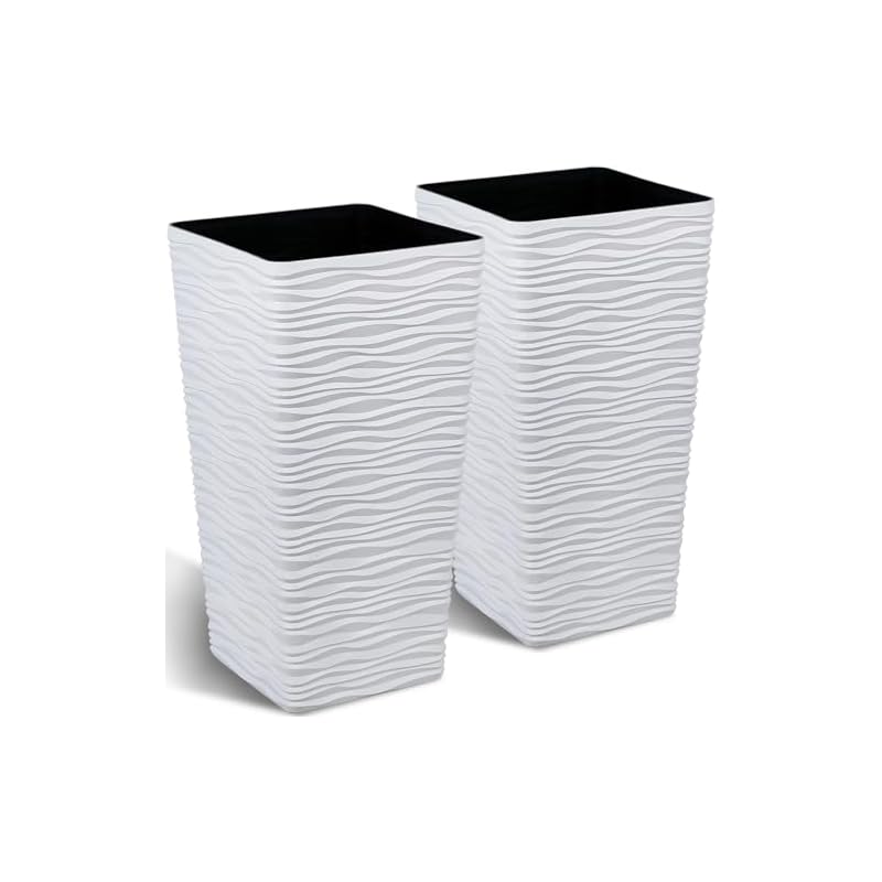 【国内即発】Worth 植木鉢 大型 スクエア 波柄 ホワイト 穴なし 大型プランター 四角 おしゃれ 軽量 観葉植物 鉢カバー 大型 プラスチック 深型 栽培 屋外 大型の植木鉢 屋内 屋外 高さ5