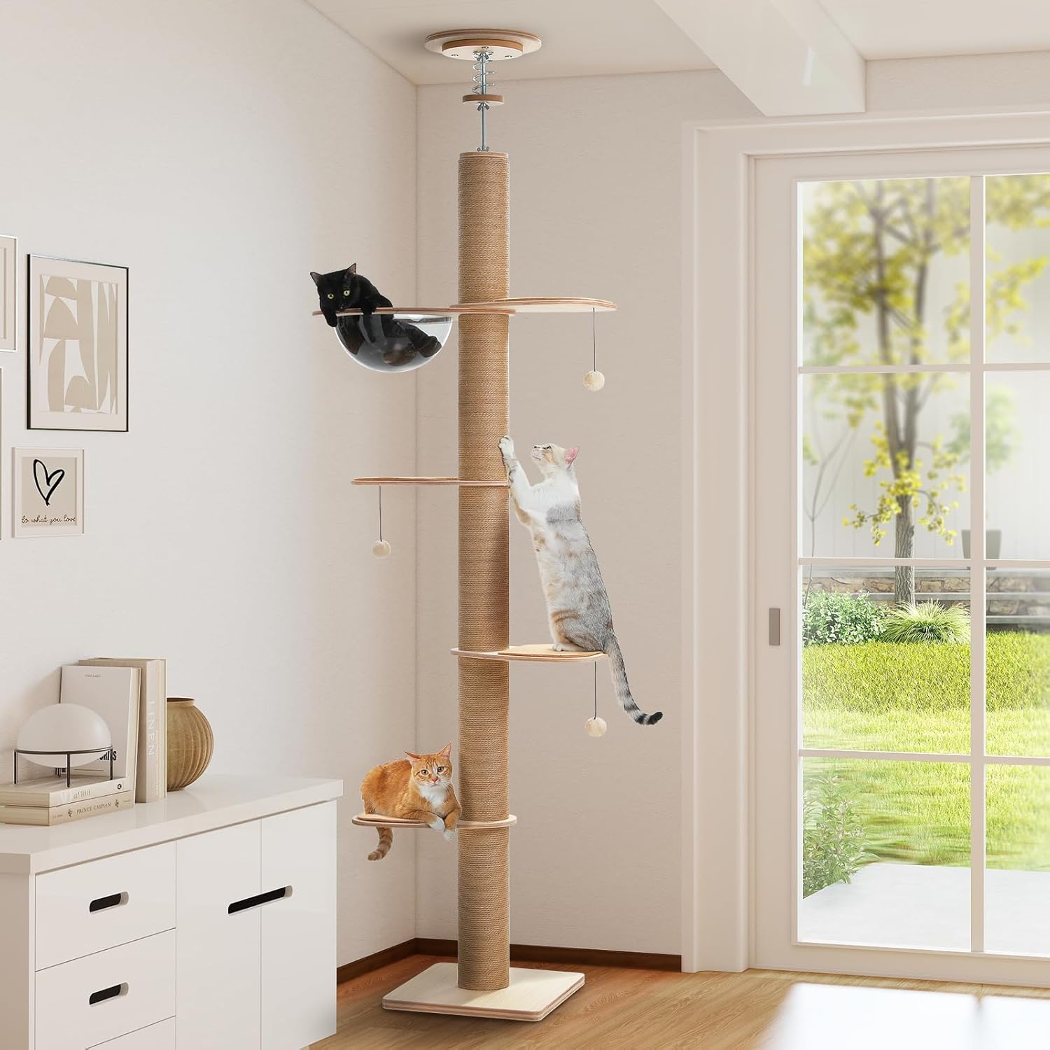 PAWZ Road キャットタワー 突っ張り 木製 全面麻紐 爪研ぎ 直径10.5cm 極太 スリム 大型猫用 猫タワー 木目調 夏 木登りタワー おしゃれ 多頭飼い クリアボウル 宇宙船付き