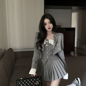 3点セット JK制服 チューブトップ/タンクトップ +プリーツスカート+スーツジャケット 長袖 セットアップ