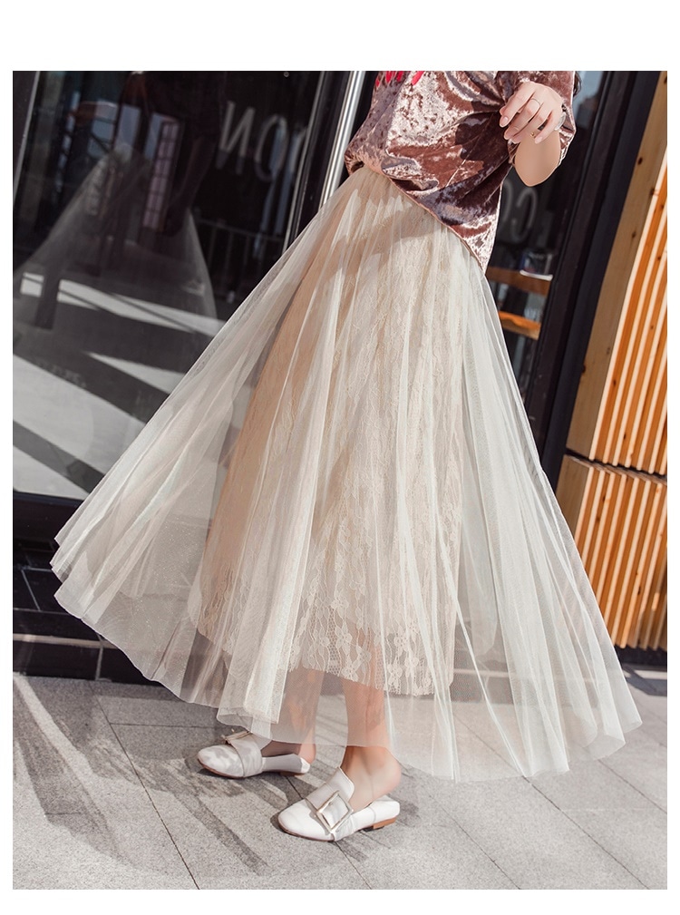 3118.ウエストゴム チュールプリーツロングスカート（ホワイト）