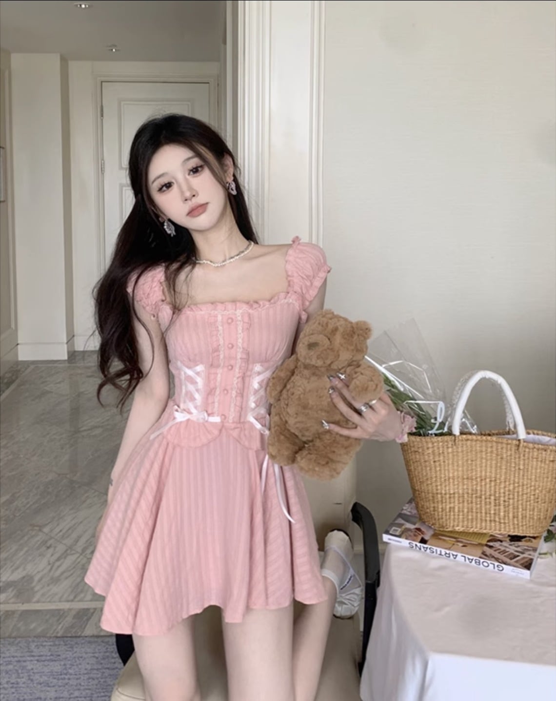 個性的 夏 服 レディース ワンピース ワンピドレス フレアワンピース ミニ ショート 袖あり パフスリーブ スクエアネック フリルカラー スリム タイト 細身 Aライン ドッキング 切り替