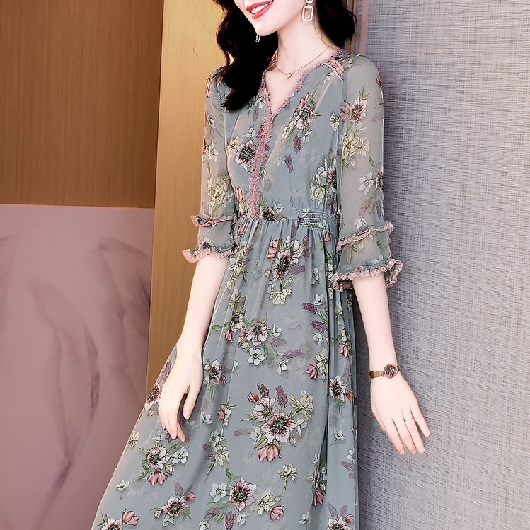 ワンピース 膝下 ミモレ ミモレ丈 ロング ロング丈 袖あり 7分袖 Vネック セミフレア ウエストマーク 切り替えデザイン 透け感 かわいい きれいめ 上品 おしゃれ 大人可愛い 大人女子 ラブリー