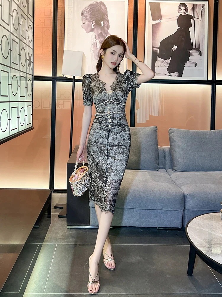 レースワンピース Vネック ドレス パーティー キャバ 着痩せ 大人 お呼ばれ 同窓会 披露宴 卒業式 結婚式 ウェディング 二次会 成人式