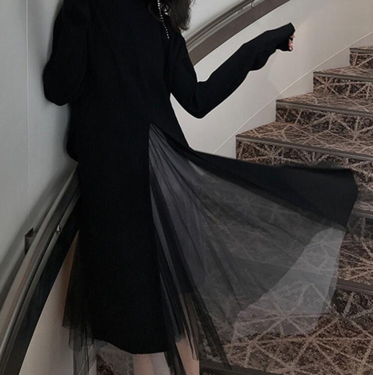 ニットセットアップ　ニットセーター　プルオーバー　スカートセット　チュールスカート　トップス 体型カバー 着痩せ　レディース 秋 冬　ロングスカート通勤 オフィス　グレー　ブラック