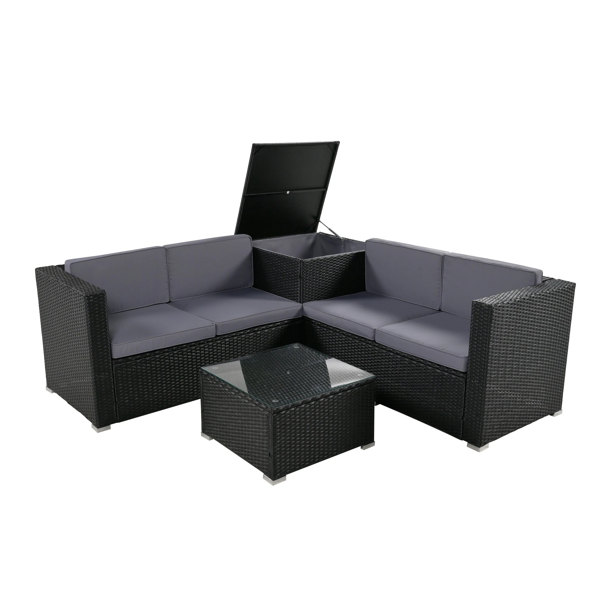 アウトドア 【国内発送】ガーデンファニチャー ガーデン Pla ソファーセット カフェ ラタン調 おしゃれ【グレー】GG2179 Grey クッション付き 高級 4点 ホテル 収納付き 家具 ベランダ