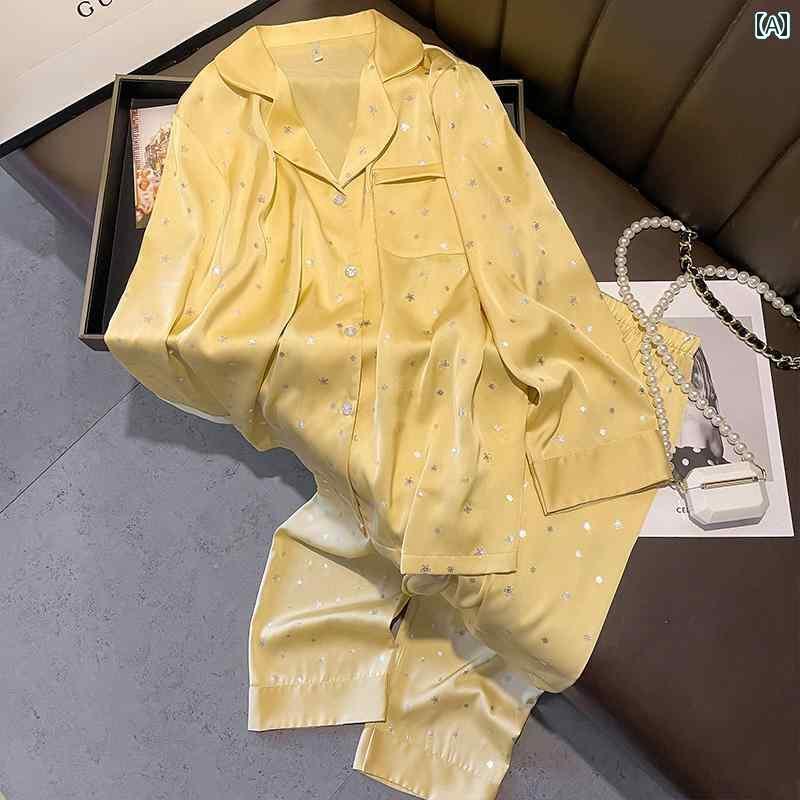 シルク　パジャマ　レディース 100 % 桑 絹 春夏 秋 パジャマ 女性用 イエロー ホット シルバー 薄手 スタイル スイートホーム 長袖 ズボン スーツ