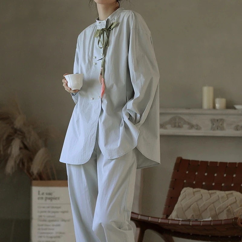 長袖パジャマレディーススーツ秋の風長袖ズボンホームウェア屋外着用可能風無地純綿