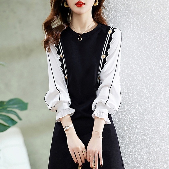 ワンピース ひざ丈 ミドル丈 袖あり 長袖 ラウンドネック スリム Aライン 切り替えデザイン 袖口フリル メロウデザイン ハイウエスト 薄手 大人可愛い きれいめ シンプル カジュアル 大人 上品