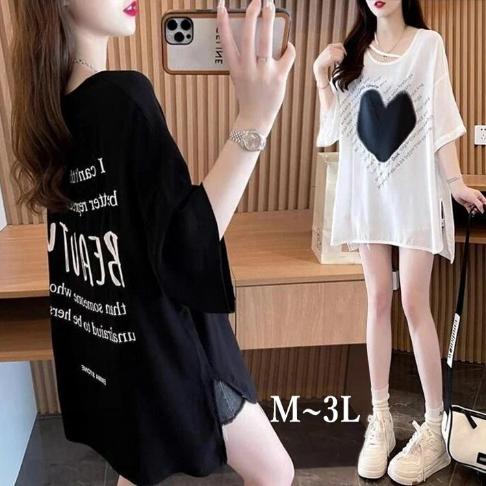 【20点セット】【送料無料】Tシャツ　レディース　半袖　7分袖　カットソー　スリット　チュニック　コットン　ロング　ハート　ロゴ　英文字　膝丈　大きいサイズ　クルーネック　夏　M　L 2L　3L