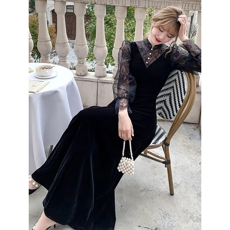 人気黒レースガウンドレスロングラグジュアリーホロウアウト長袖イブニングドレスドレスワンピースドレスドレス