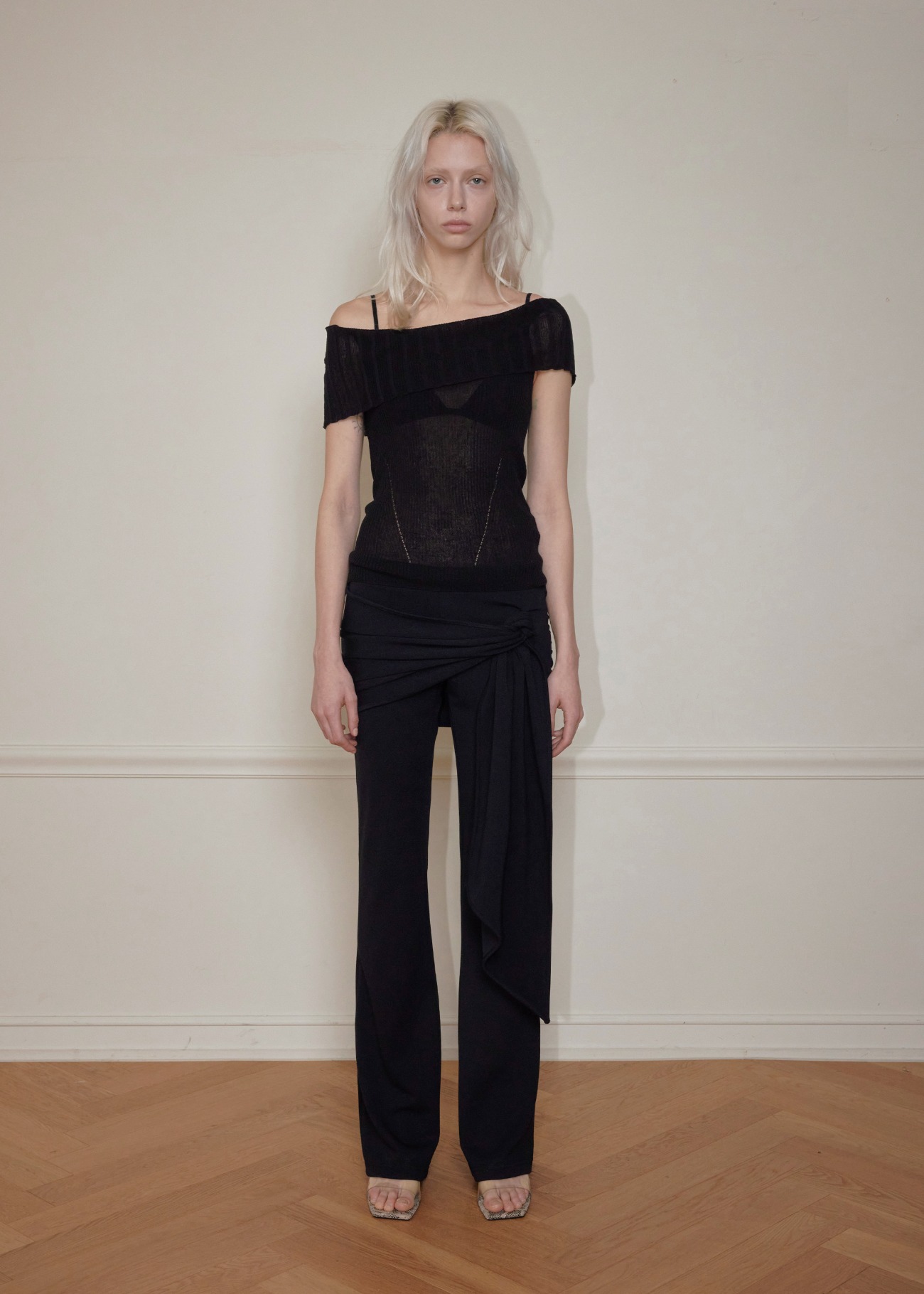 【bohemseo】 LINEN OFF-SHOULDER KNIT, BLACK 正規品