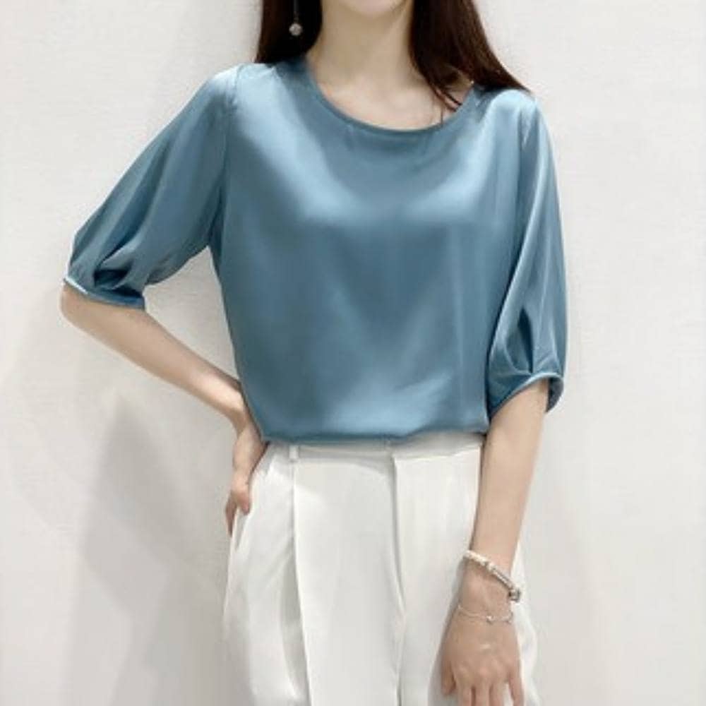 トップス Tシャツ シャツ ブラウス カットソー プルオーバー 白シャツ 白トップス 袖あり 5分袖 五分袖 パフスリーブ ラウンドネック 大人可愛い きれいめ シンプル カジュアル 大人 上品