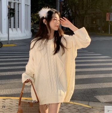 ルーズニット トップス セーター シンプル ホワイト 白 レギュラー丈 袖あり 長袖