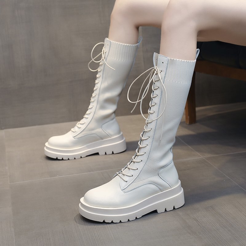 ロングブーツが復活!厚底シューズ スタイルアップ!ヒールパンプス ロングブーツ 2020 秋冬 通気性の良いブーツ レースアップシューズ